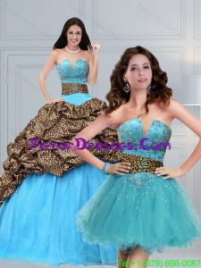 2015 Leopard Printed Baby Blue Brush Train Beading Quinceanera Dress