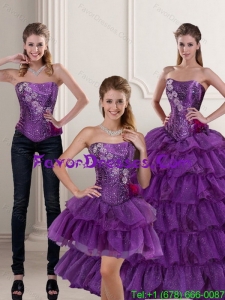 2015 Unique Purple Quince Dress with Ruffled Layers and Beading