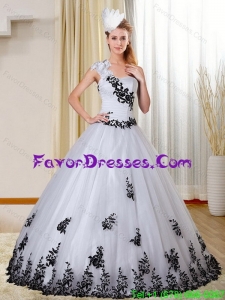 Cheap One Shoulder White and Black Quinceanera Dress with Appliques for 2015