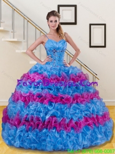 In Stock Blue and Pink Ruffled Layers and Beading Sweet 15 Dress for 2015