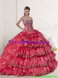 In Stock Classical Coral Red Dress for Quinceanera Dress with Appliques and Ruffled Layers