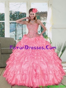 In Stock Pink Sweetheart Ruffled Quinceanera Dresses with Beading