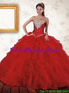 In Stock Red 2015 Quinceanera Dress with Beading and Ruffles