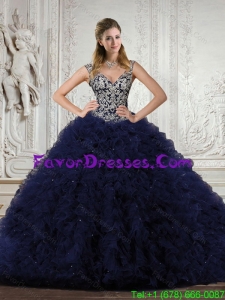 Unique 2015 Quinceanera Dresses in Navy Blue with Appliques and Ruffles