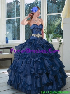 2015 Stylish Beading and Ruffles Quince Dresses in Navy Blue