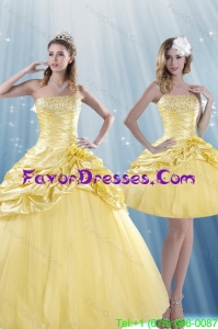 Fashionable Strapless 2015 Beading Quince Dresses with Beadings and Pick Ups