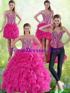 Hot Pink Detachable Quinceanera Gown with Beading and Ruffles