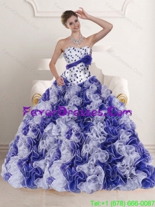 In Stock 2015 Pretty White and Purple Dress for Quince with Ruffles and Beading
