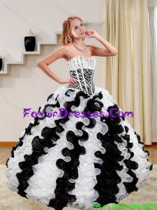 In Stock 2015 Zebra Print White and Black Quince Dresses with Beading and Ruffles