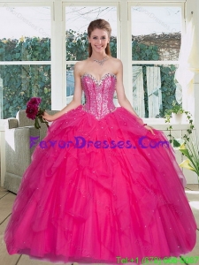 Stylish Cute Hot Pink Sweetheart Quince Gowns with Ruffles and Beading