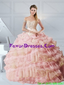 Cute Baby Pink Sweetheart Quinceanera Dresses with Appliques and Ruffled Layers