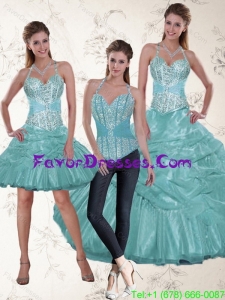 Stylish Halter Top Aqua Blue Quince Dresses with Beading and Ruffles