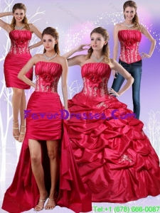 Detachable 2015 Strapless Red Quinceanera Dress with Appliques and Pick Ups