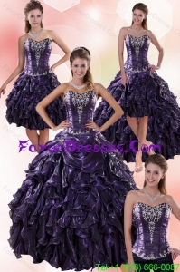 Detachable Sweetheart Ball Gown Purple Quince Dresses with Embroidery