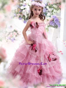2015 Baby Pink Little Girl Pageant Dress with Hand Made Flowers and Ruffles