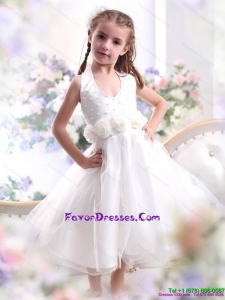 2015 Cute Halter Top White Mini Length Little Girl Pageant Dress with Hand Made Flower
