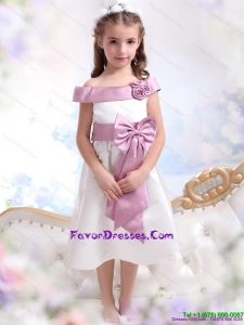 2015 Off The Shoulder White Little Girl Pageant Dresses with Flower and Bowknot