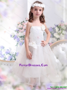 2015 White Spaghetti Straps Little Girl Pageant Dresses with Hand Made Flower and Appliques