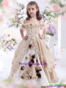Champagne Spaghetti Straps 2015 Little Girl Pageant Dresses with Hand Made Flowers and Ruffles