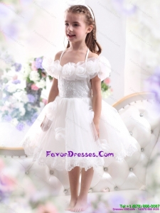 Comfortable White Halter Top 2015 Little Girl Pageant Dresses with Hand Made Flower