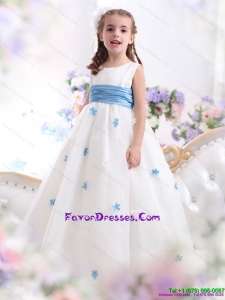 2015 White Scoop Little Girl Pageant Dress with Baby Blue Waistband and Appliques