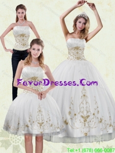 Detachable 2015 Strapless Embroidery White and Gold Quinceanera Dresses