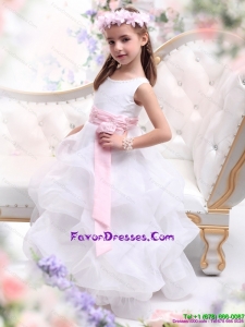 Scoop White 2015 Little Girl Pageant Dress with Sash and Ruffles