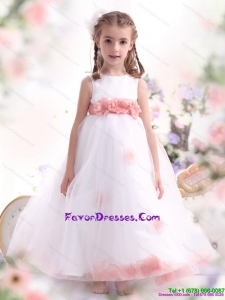 White 2015 Little Girl Pageant Dresses with Pink Waistband and Hand Made Flower