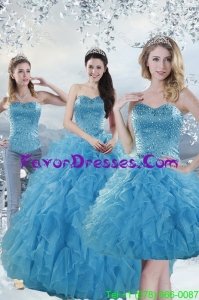 2015 Detachable Baby Blue Quince Dresses with Beading and Ruffles