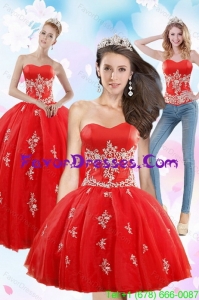 2015 Detachable Strapless Red Quince Dresses With Appliques
