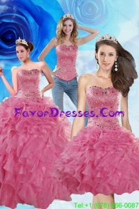 Detachable 2015 Brand New Coral Red Sweet 16 Dresses with Beading and Ruffles