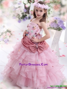 Rose Pink 2015 Little Girl Pageant Dress with Hand Made Flowers and Ruffled Layers
