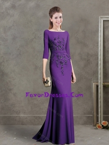 Elegant Half Sleeves Bateau Purple Evening Dress with Black Appliques