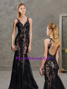 Exquisite Laced Open Back Black Evening Dress with Deep V Neckline