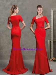 Popular Asymmetrical Neckline Brush Train Red Evening Dress with Short Sleeves