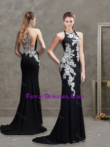 Sophisticated Applique Brush Train Black Evening Dress with Halter Top