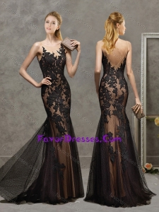 Top Selling See Through Scoop Laced and Tulle Evening Dress in Black