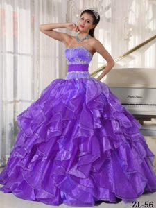 Strapless Organza Appliqued Cheap Beaded Quince Dresses in Light Purple
