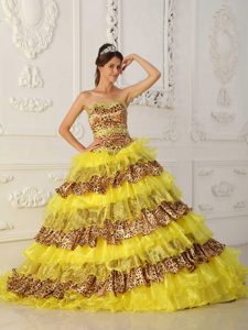 Discount Yellow and Leopard Ruffled Quinceanera Gowns with