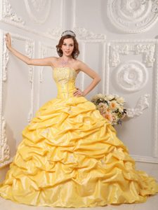 Yellow Strapless Cute Beaded Court Train Quinces Gown with Appliques
