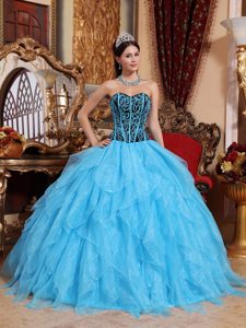 Aqua Blue Ball Gown Sweetheart Lovely Quinces Dress with Embroidery
