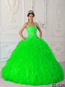 Inexpensive Spring Green Satin and Organza Quince Dress with Beading