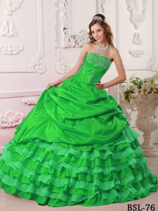 Green Strapless Beaded Taffeta Low Price Quinceanera Dress with Ruffles