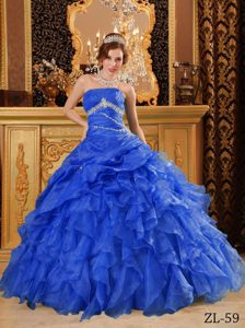 Blue Beaded Ball Gown Sweet Sixteen Dresses with Beading and Ruffles