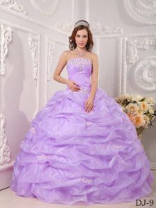 Cheap Strapless Organza Quinceaneras Dress with Appliques in Lavender