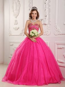 Sweetheart Elegant Satin and Organza Quince Dresses in Hot Pink