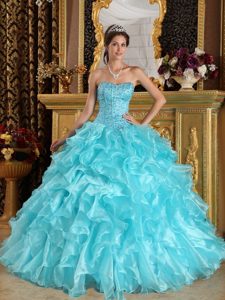 Nice Beaded Ruffled Organza Aqua Blue Quinces Gowns with Sweetheart
