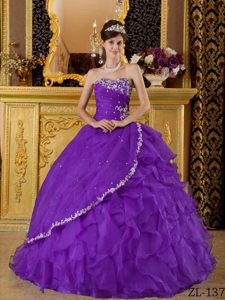 Strapless Organza Appliqued Beautiful Quinces Dress in Eggplant Purple