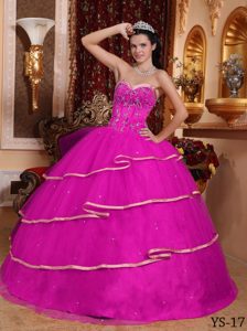 Sweetheart Affordable Beaded Satin and Tulle Quince Dresses in Hot Pink