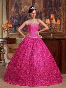 Cheap Hot Pink Ball Gown Strapless Dress for Quince with Rolling Flowers